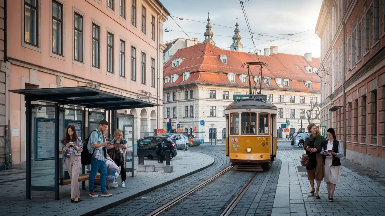 Travelers using phones near a tram stop in Prague with historic rooftops in the background