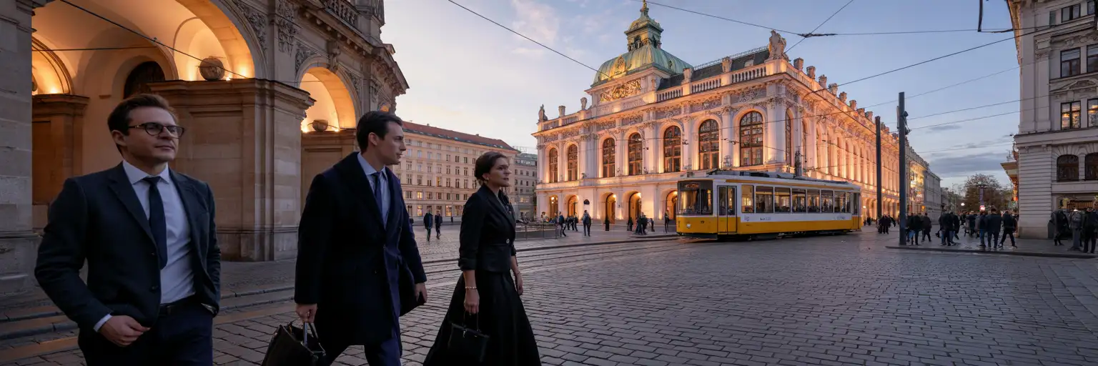Konzertbesucher, die zu einem klassischen Abendkonzert im Zentrum von Prag im frühen Herbst ankommen