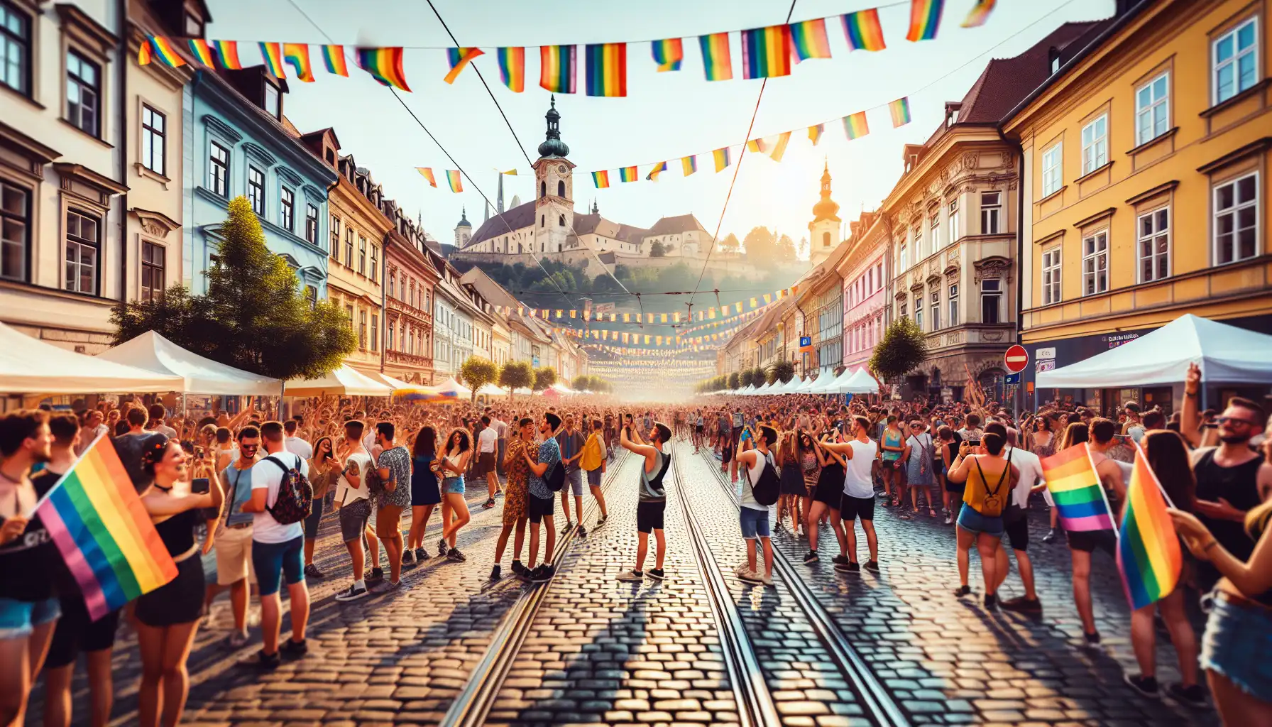 Crowds celebrating during Prague Pride Festival in central Prague on a sunny summer day