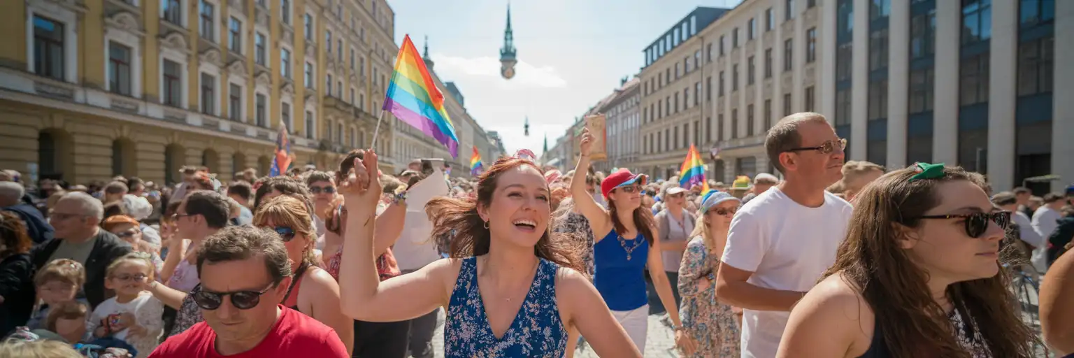 Menschenmengen feiern auf einem sommerlichen Pride Festival in Prag mit Regenbogenflaggen und historischen Gebäuden im Hintergrund