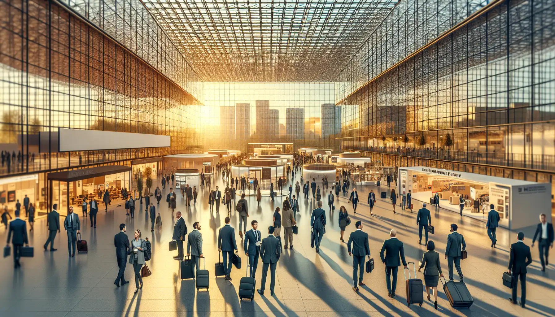 Business travelers arriving at a large exhibition center in Düsseldorf for a major safety trade fair
