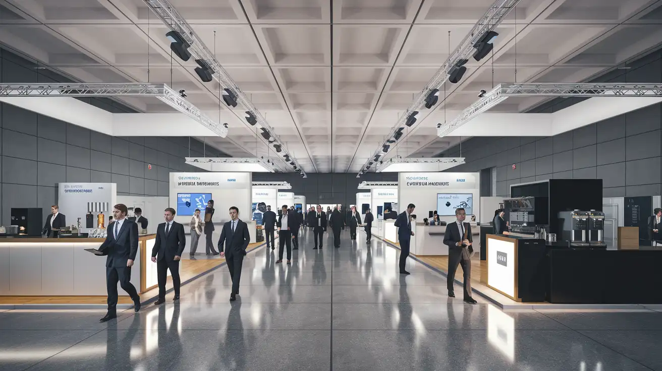 Inside a modern trade fair hall during a busy business event in Düsseldorf