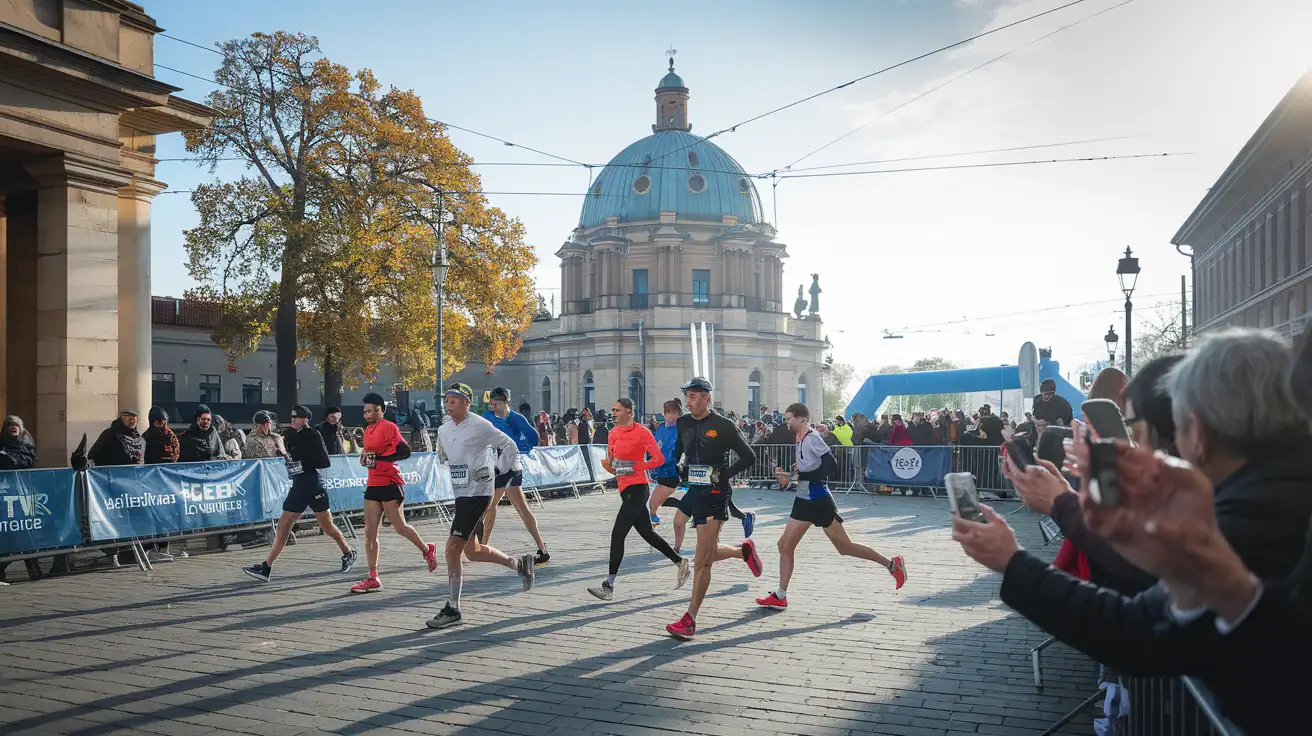 Marathon runners and supporters in central Berlin near the finish area