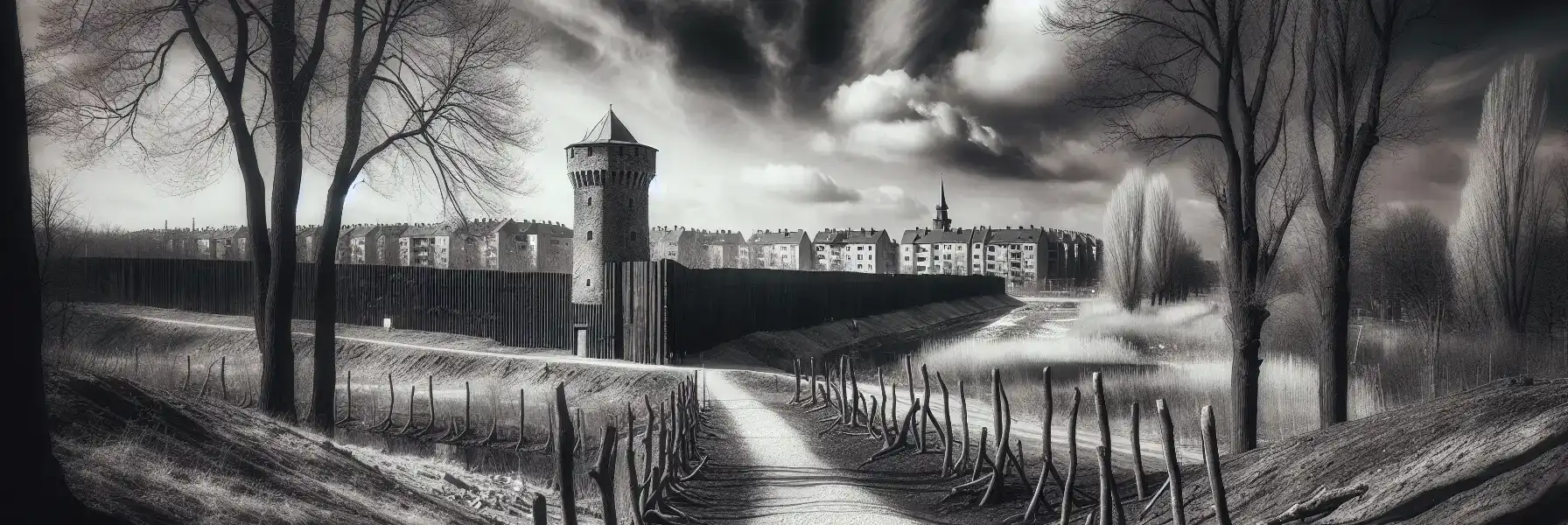 Preserved section of the Berlin Wall death strip showing the border fortifications, watchtower, and memorial grounds along Bernauer Strasse
