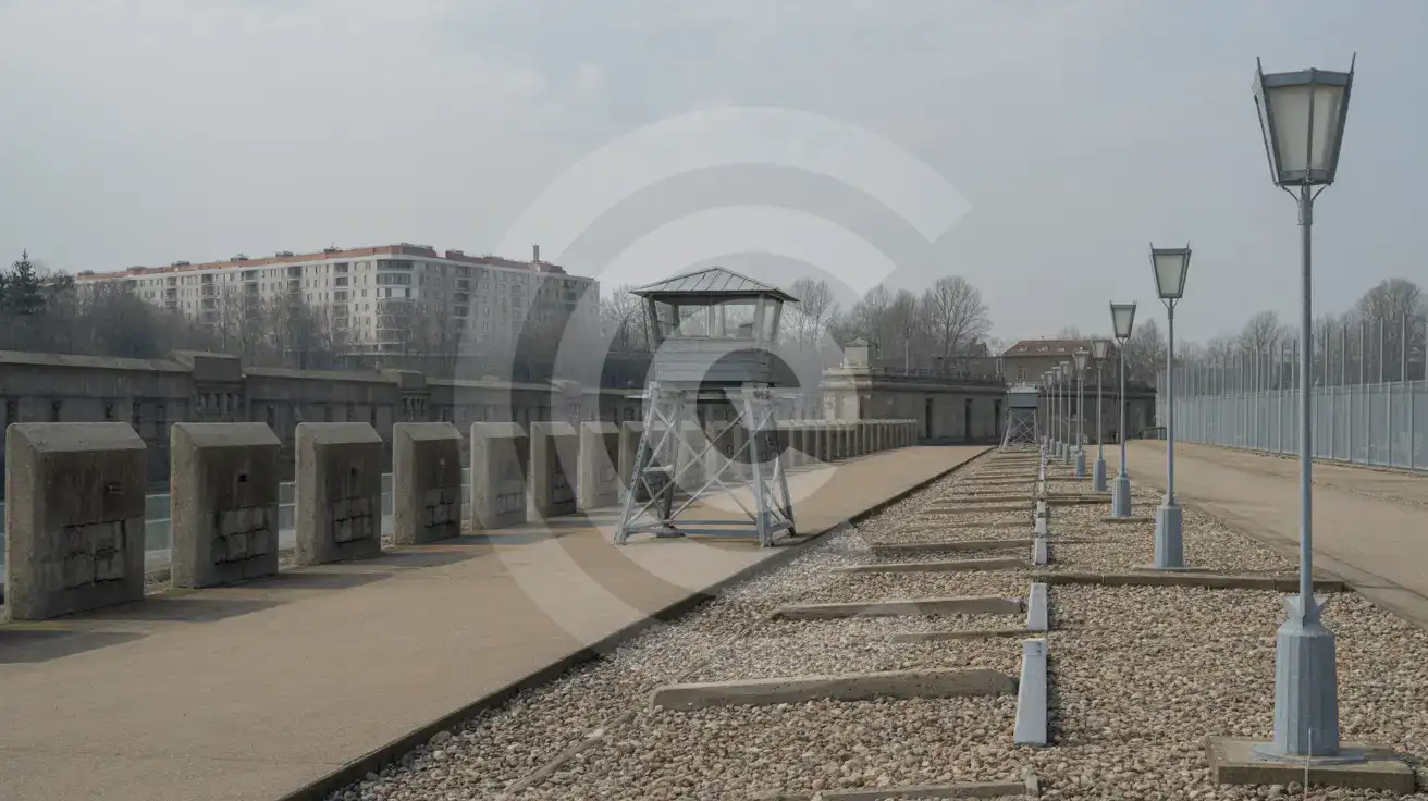 Preserved section of the Berlin Wall death strip showing original border fortifications, watchtower, and patrol road at the memorial along Bernauer Strasse