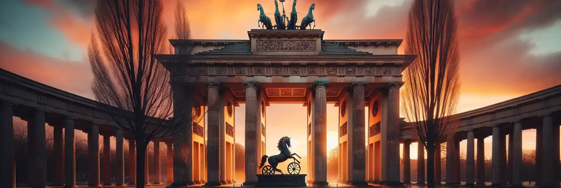 Poarta Brandenburg la ora de aur cu sculptura din bronz Quadriga siluetată pe un cer cald la apus deasupra Pariser Platz