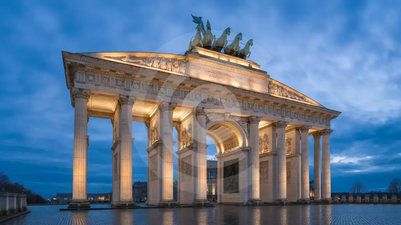 Poarta Brandenburg iluminată la ora albastră, cu sculptura carului de bronz Quadriga siluetată pe fundalul cerului albastru închis al amurgului