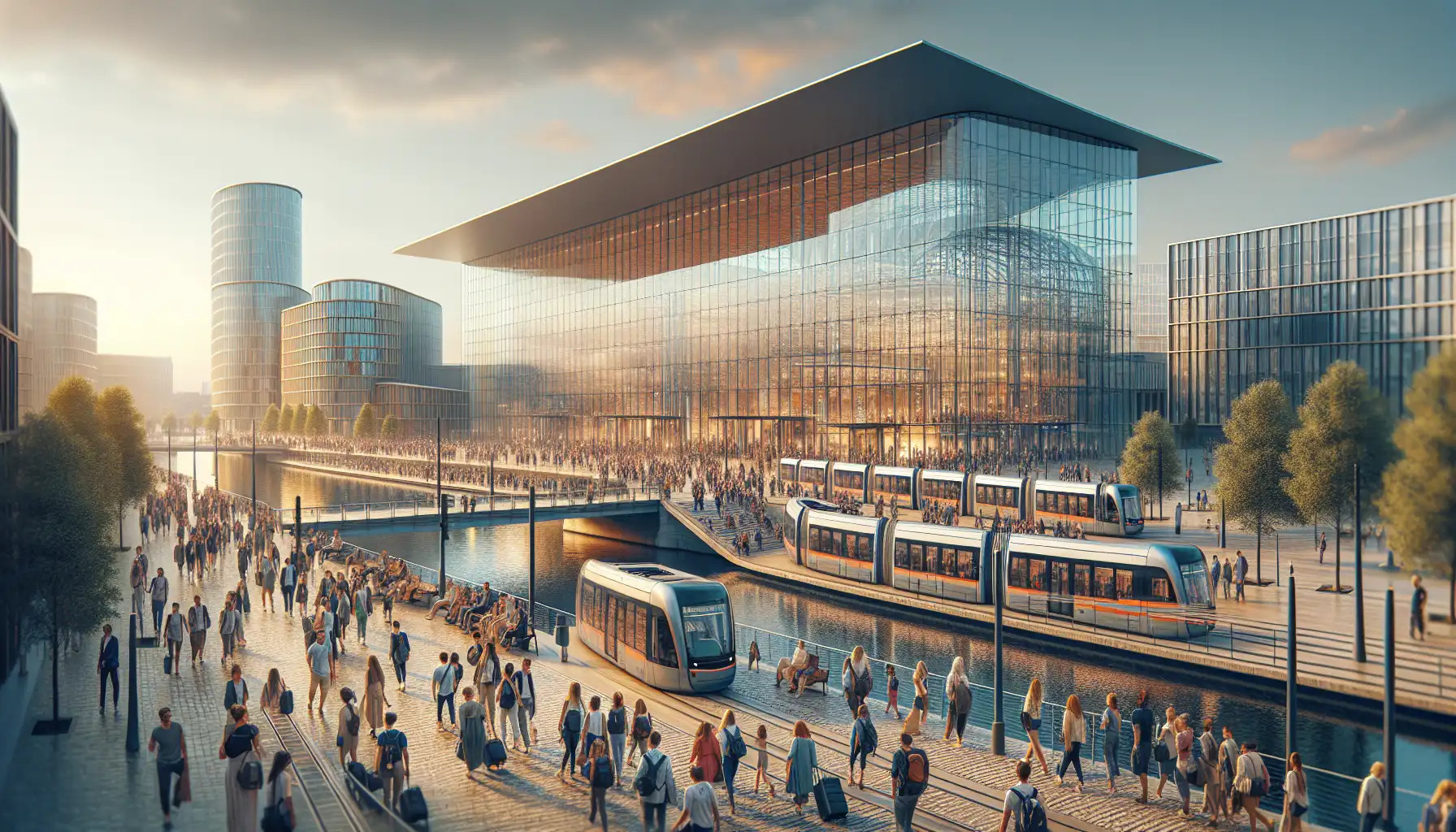 Crowds arriving at a modern convention district in Cologne during a major gaming expo