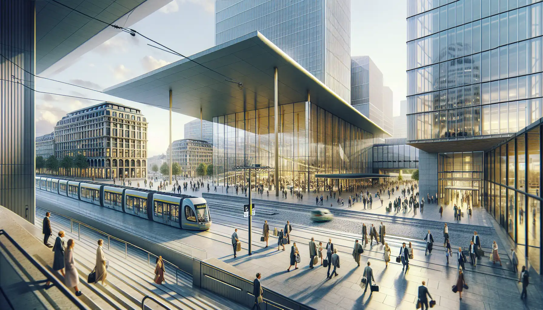 Visitors walking near the exhibition halls and station in Cologne's Deutz district