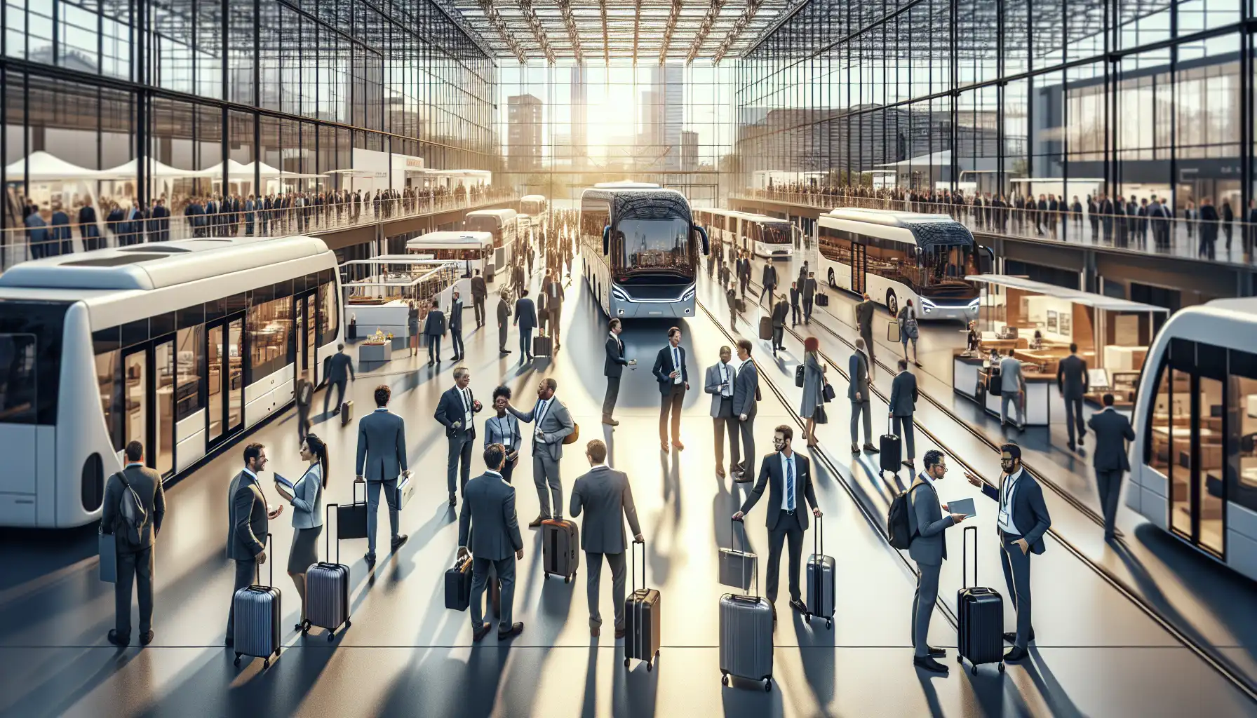 Business travelers arriving at a large exhibition center in Hannover for a major transport trade fair