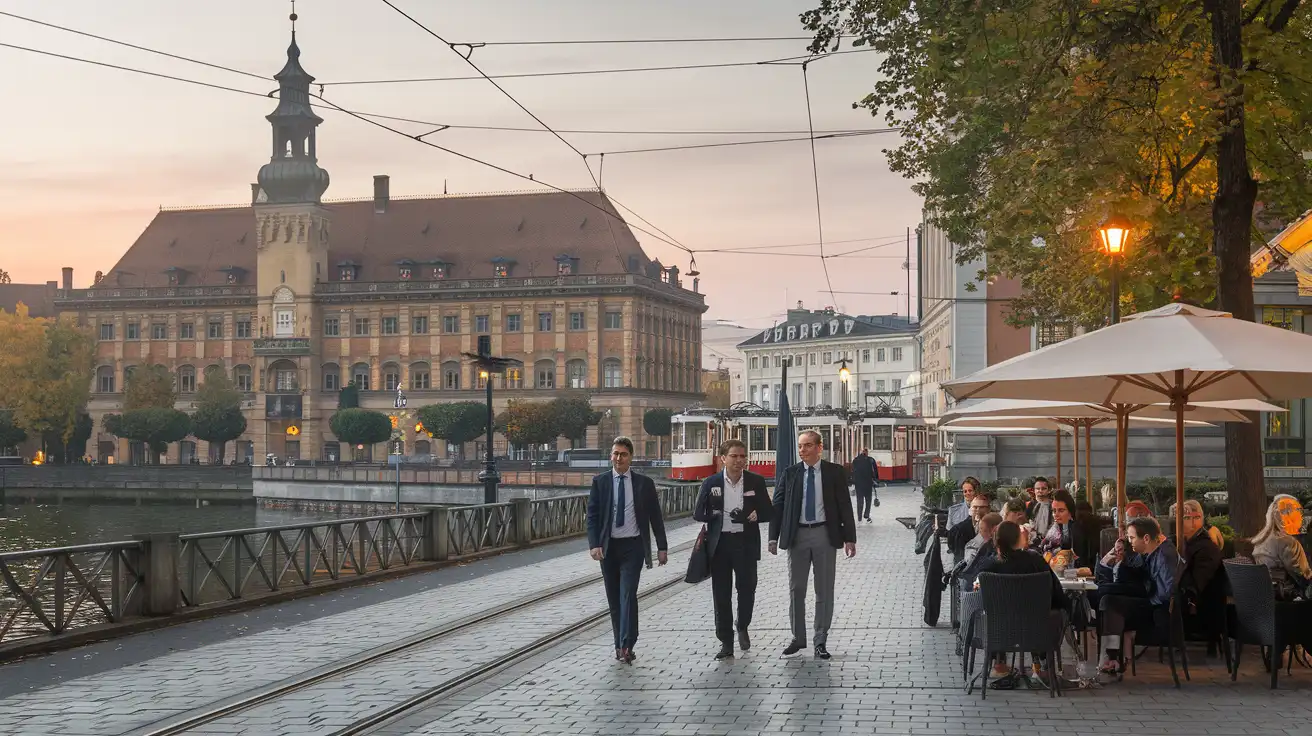 Evening city scene in Hannover after a busy trade fair day