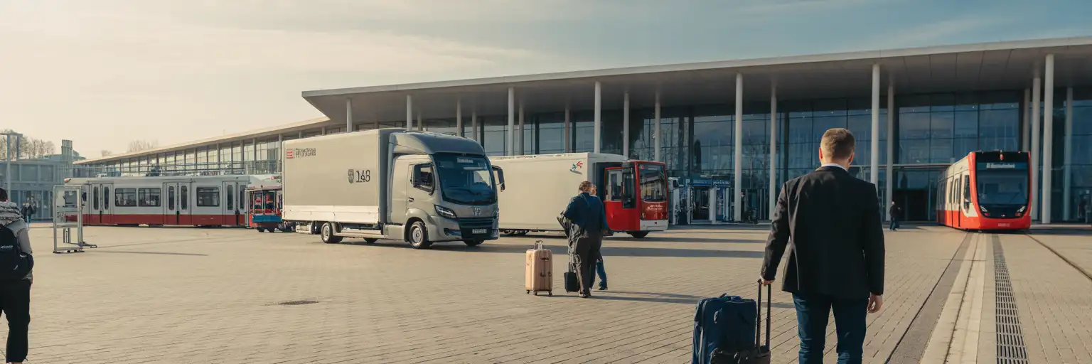 Visiteurs professionnels arrivant dans un grand centre d'exposition à Hanovre pour une importante foire commerciale du transport
