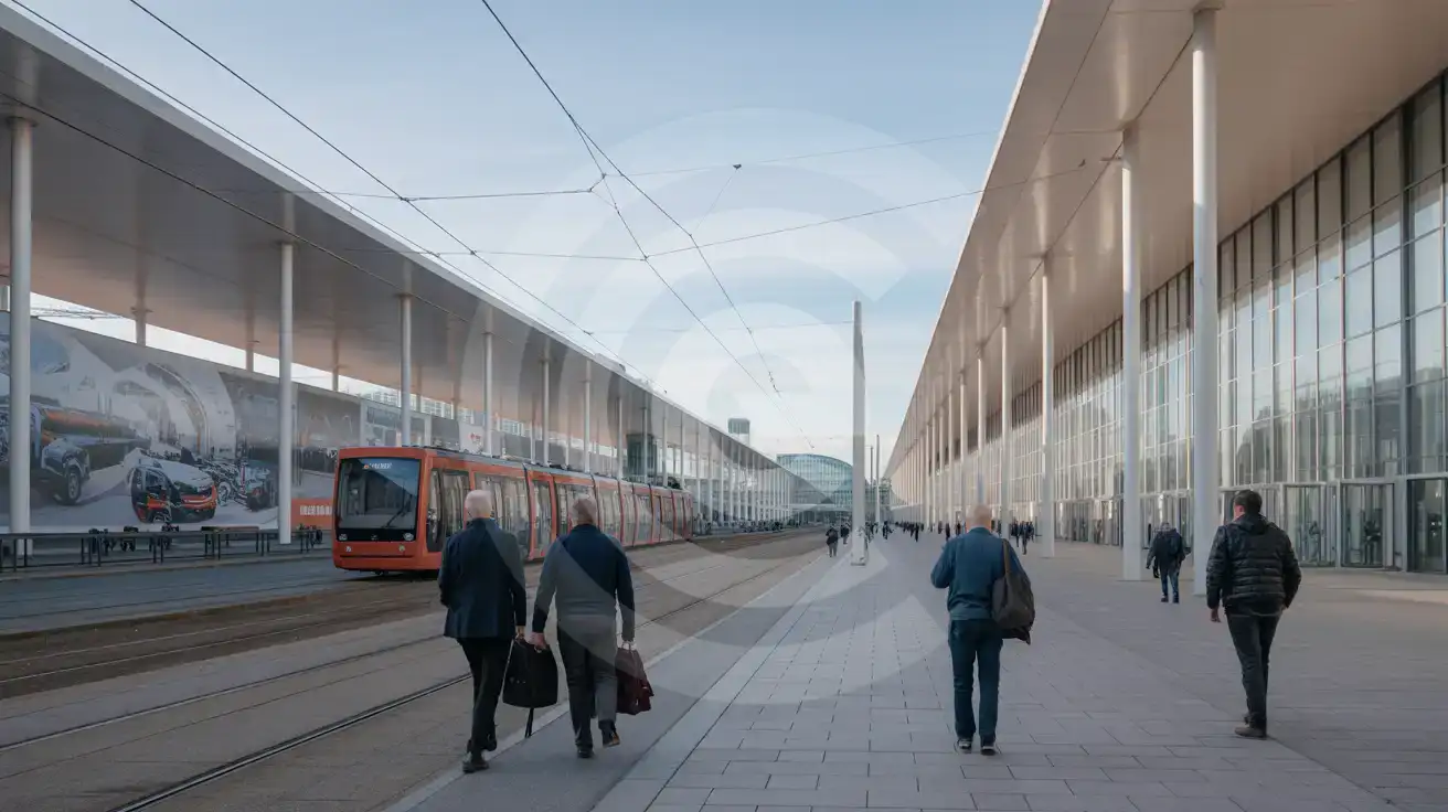 Besucher bewegen sich zwischen den Ausstellungshallen und den Straßenbahnhaltestellen im Messegelände von Hannover