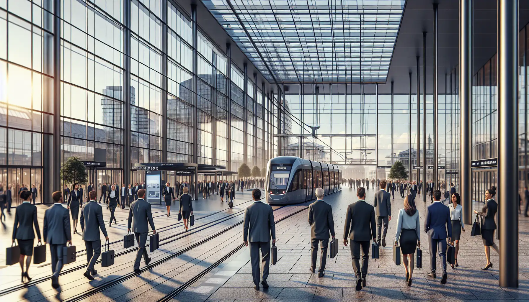 Business travelers arriving at a modern Berlin exhibition district during a major transport technology trade fair