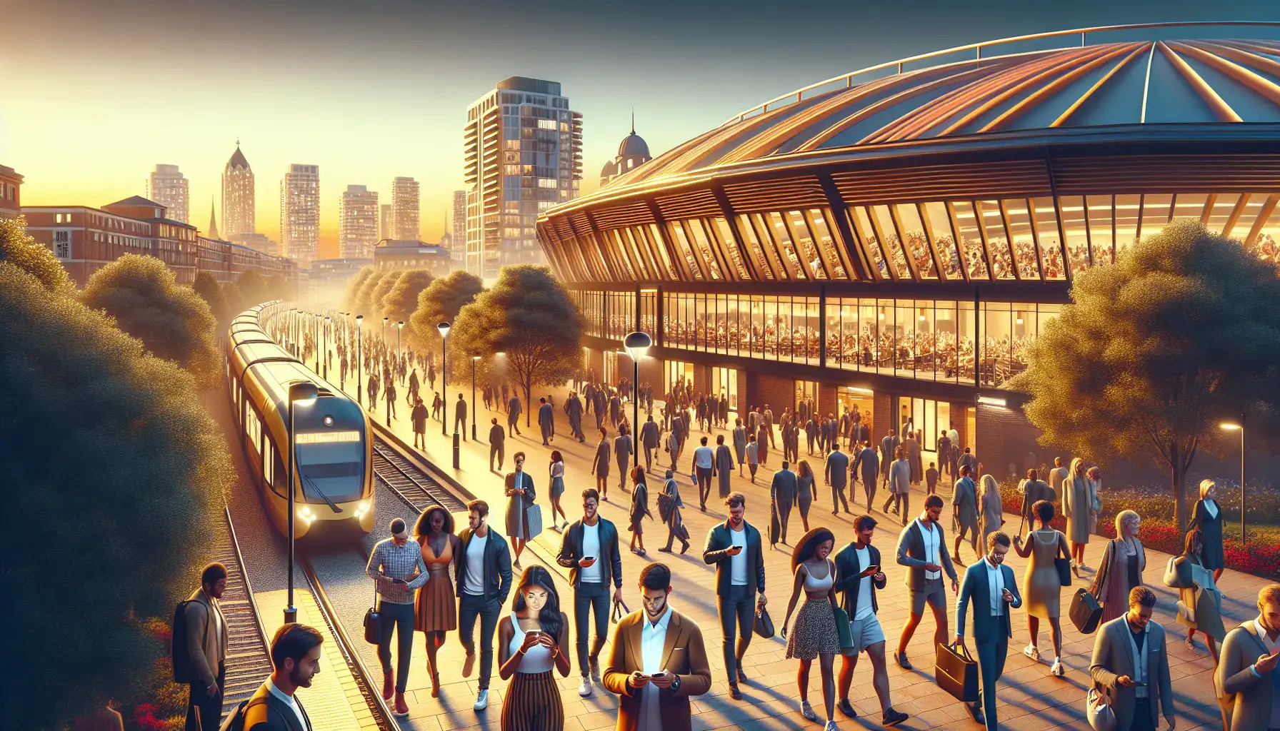 Tennis fans arriving in Berlin for a major international arena event with phones and luggage