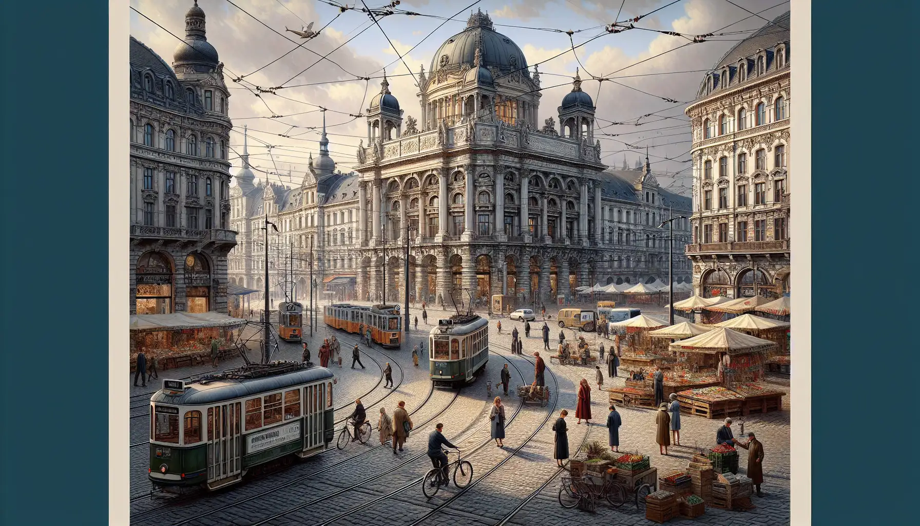 Viajeros usando teléfonos en una plaza histórica de estilo muniqués con tranvías, puestos de mercado y majestuosos edificios europeos