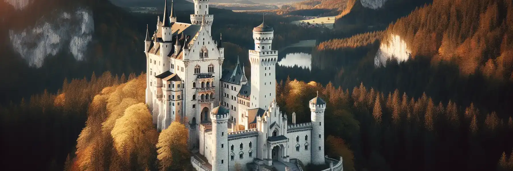 Zamek Neuschwanstein na bawarskim zboczu z alpejskimi szczytami w tle w złotym świetle poranka