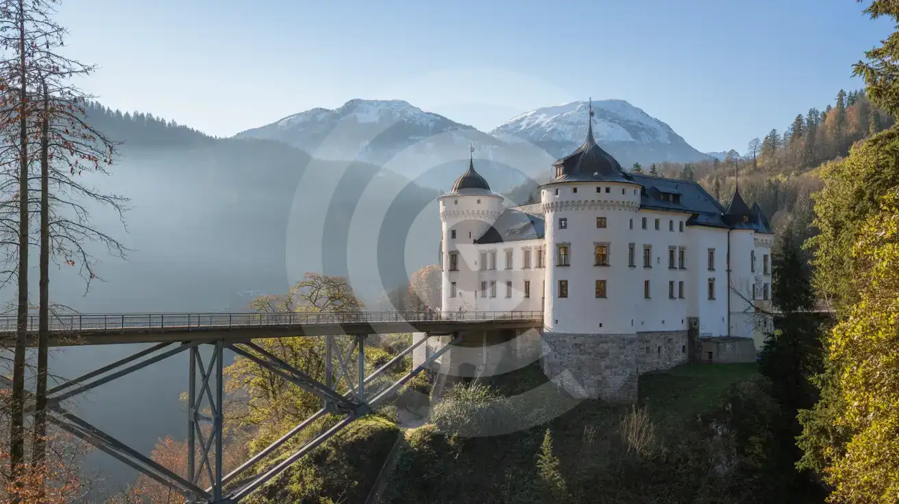 Zamek Neuschwanstein widziany z mostu Marienbrücke na tle alpejskich szczytów i jesiennego lasu