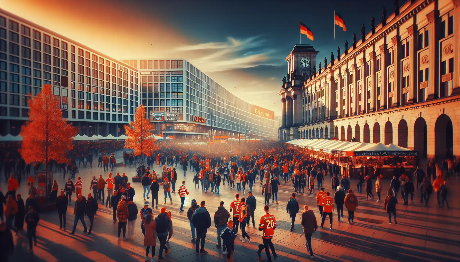 Fans arriving for a major football weekend outside a large Berlin stadium on a cool November evening