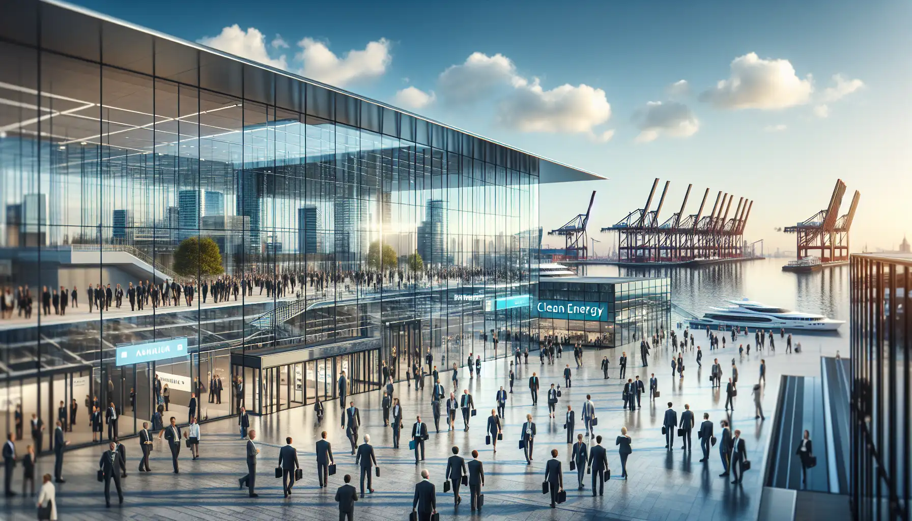 Business travelers arriving at a modern exhibition area in Hamburg for a major wind energy trade fair