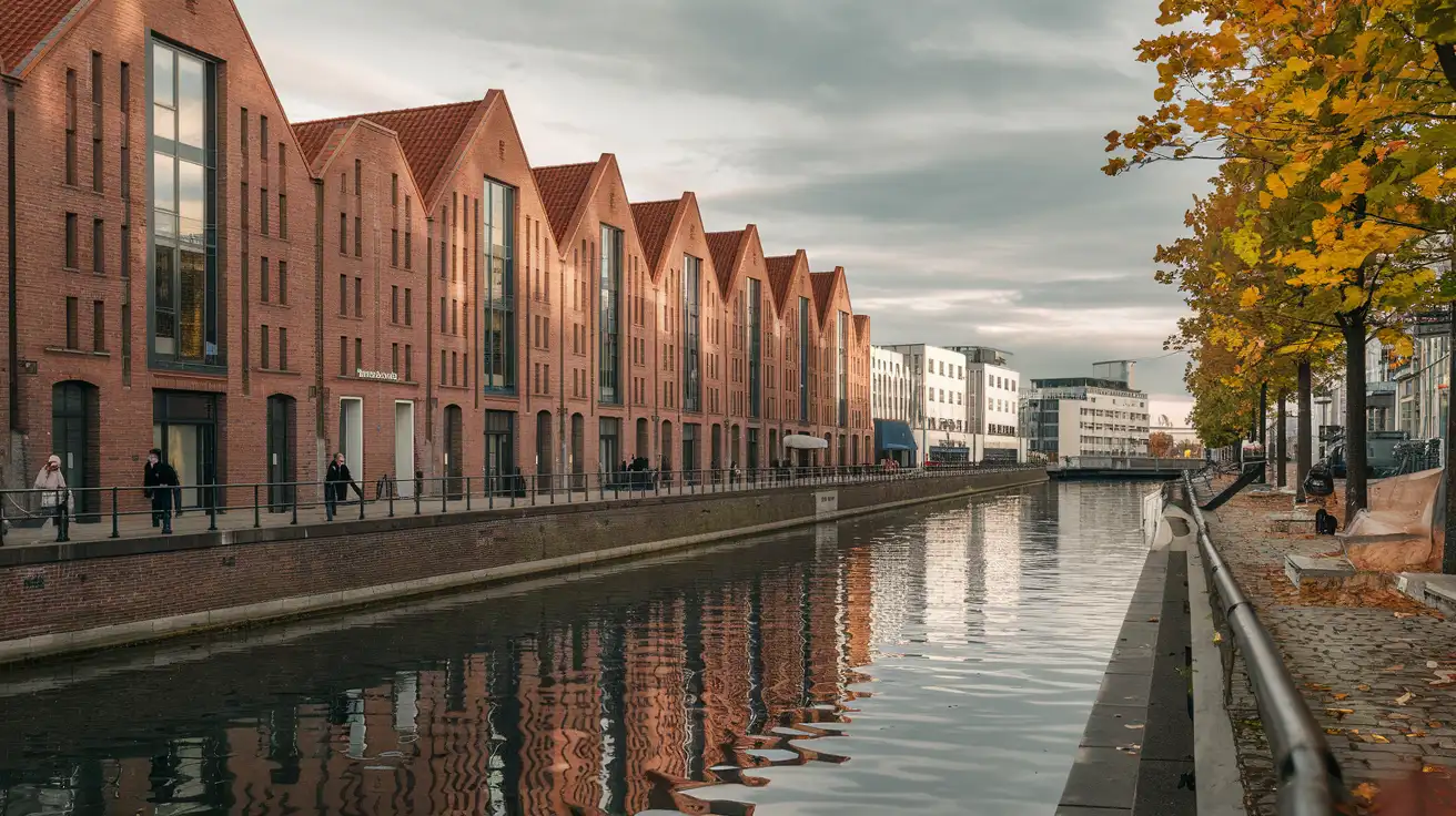 Business travelers walking through Hamburg’s waterfront district after a trade fair day