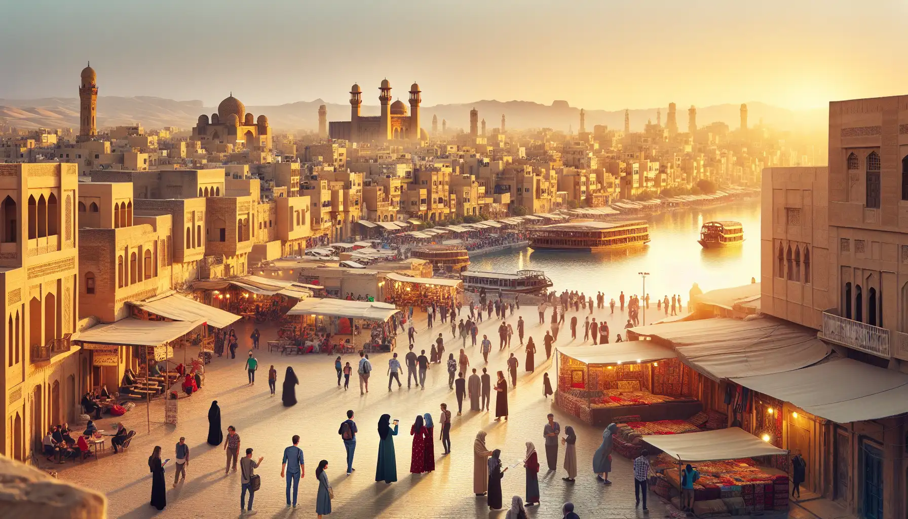 Traveler using a phone for internet access in Cairo with city streets and distant monuments in view