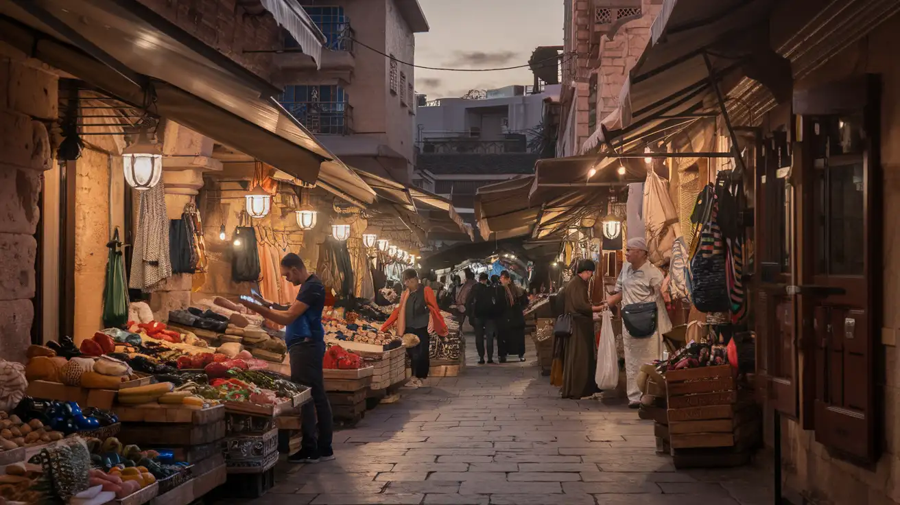 Traveler checking mobile data in a busy Cairo market area