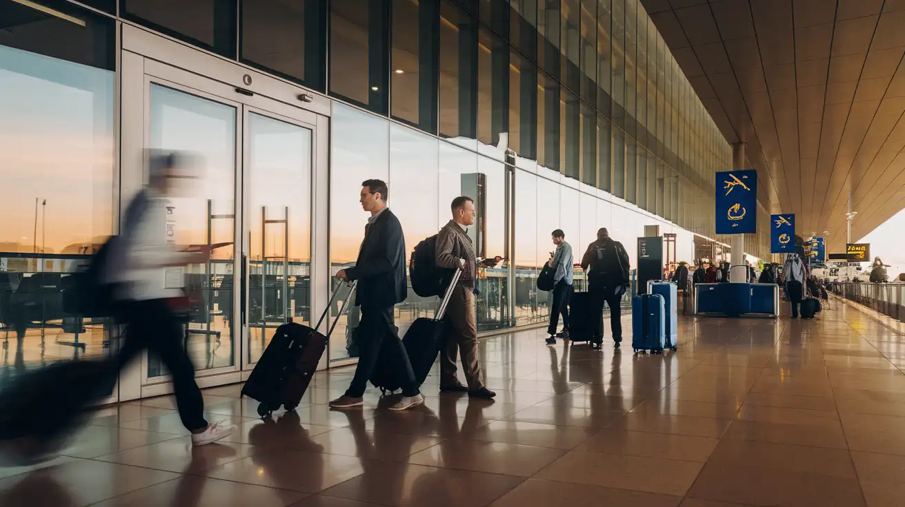 Arrivals hall scene at Cairo International Airport with travelers checking phones