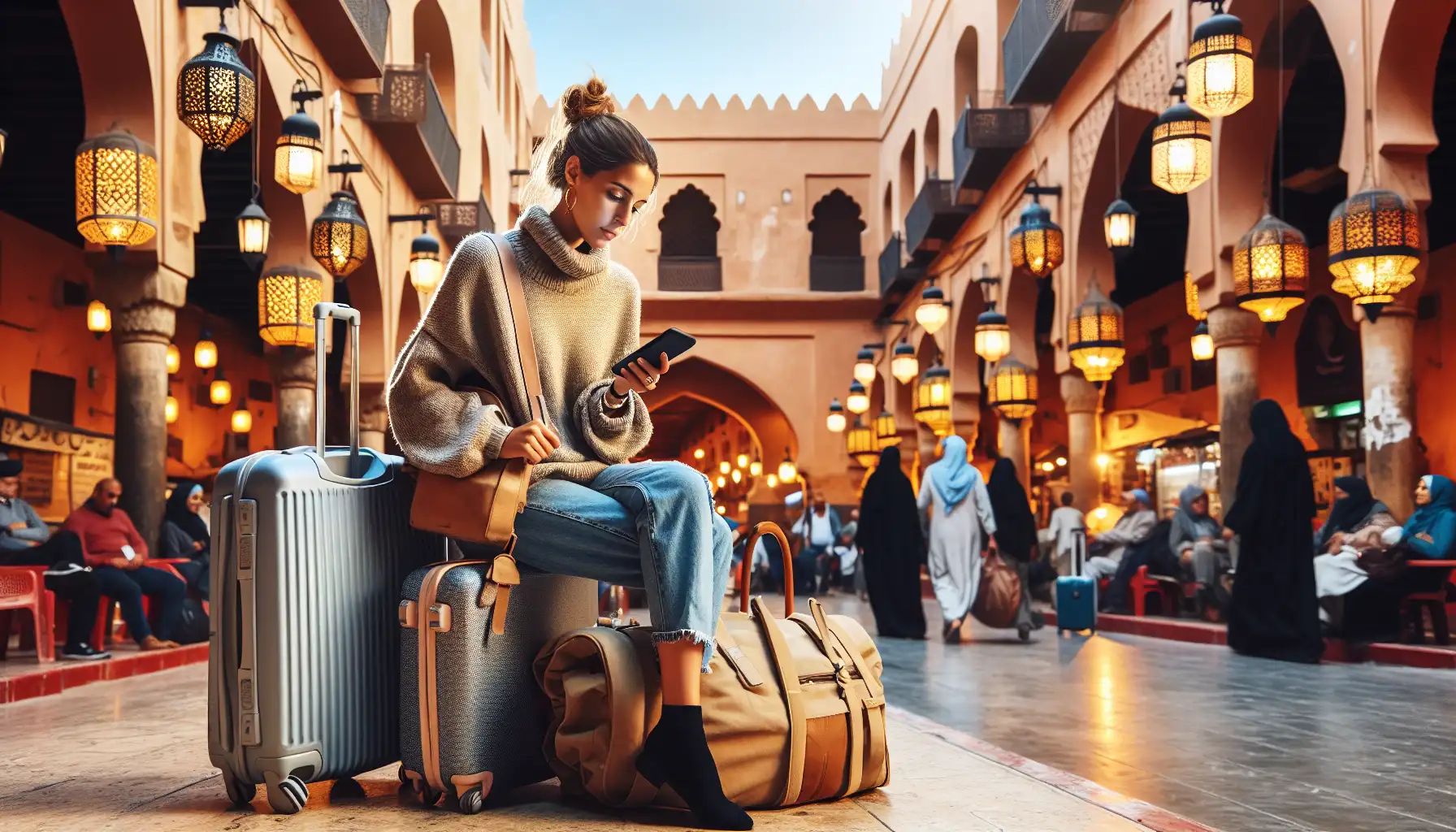 Traveler checking phone connection in Egypt between airport arrival and busy market streets