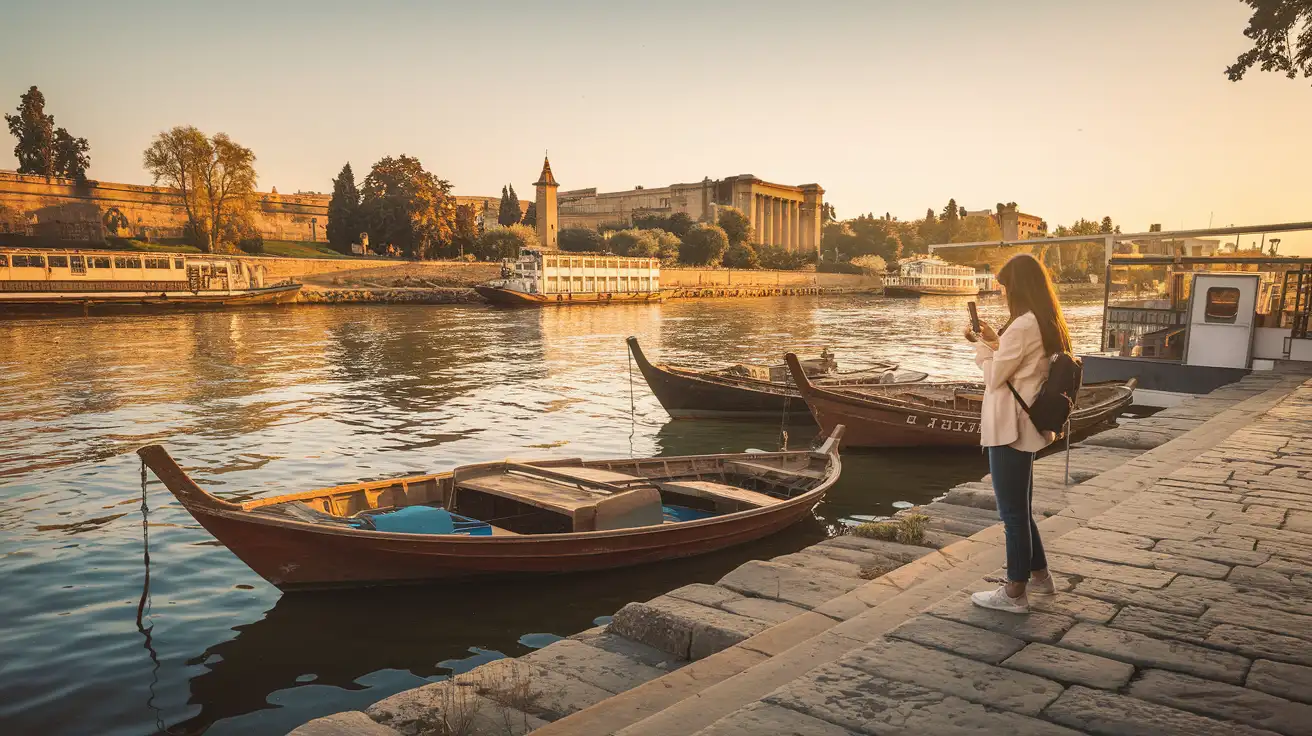 Traveler checking mobile data near a Nile ferry dock in Egypt