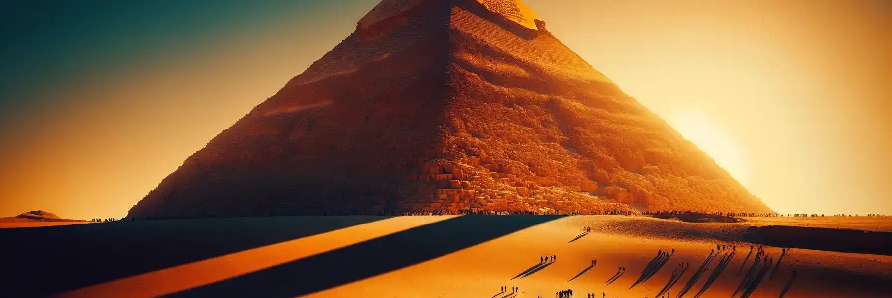 The Great Pyramid of Giza rising from golden desert sands at sunset with tourists visible at the base for scale
