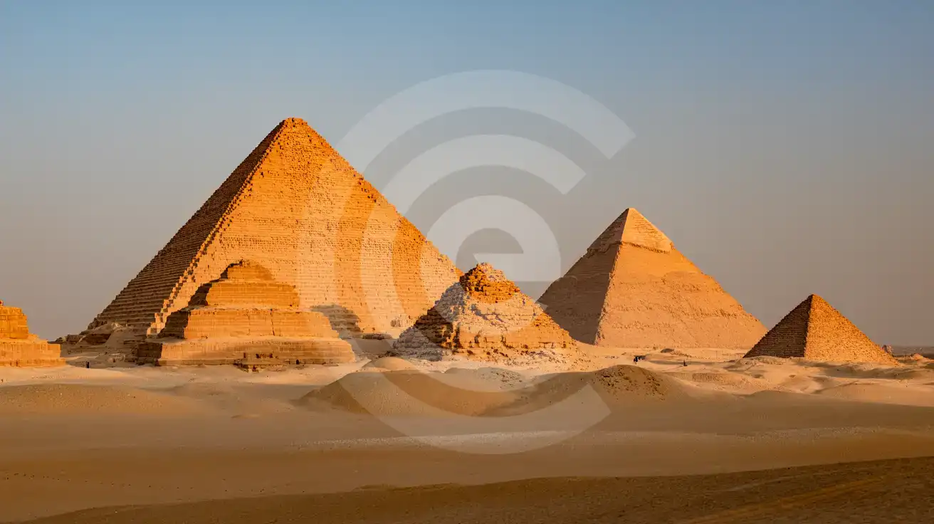 Three pyramids of the Giza Necropolis at golden hour with dramatic shadows stretching across the desert sand