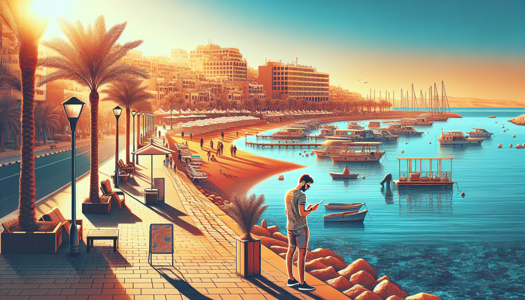 Traveler using a phone near Hurghada marina with Red Sea waterfront in the background