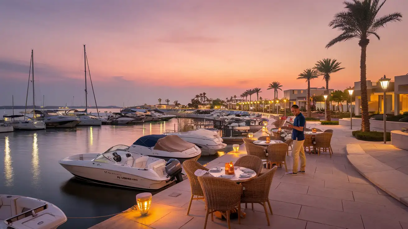 Traveler checking phone near Hurghada marina at dusk