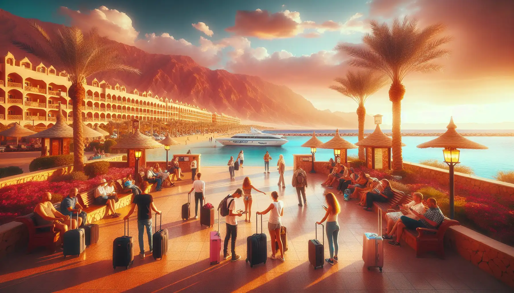 Traveler using a phone near the waterfront in Sharm El Sheikh with resorts and Red Sea views