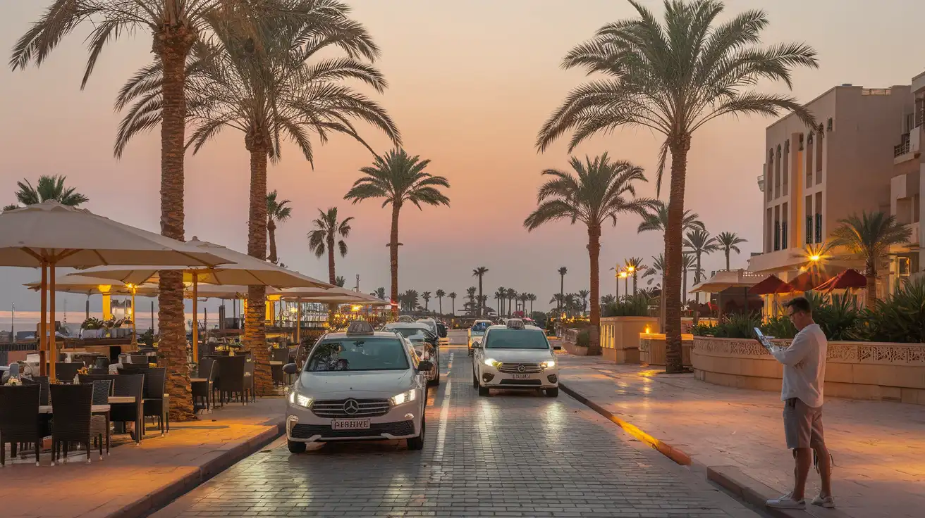 Traveler checking phone in a lively resort area of Sharm El Sheikh at dusk