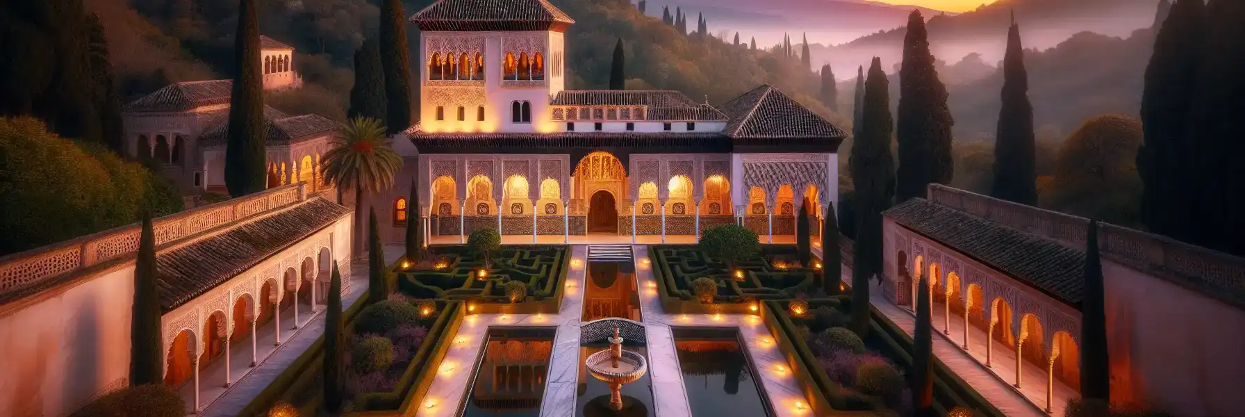 Moorish palace courtyard with marble columns, arabesque arches, and reflecting pool at sunset with mountains in background