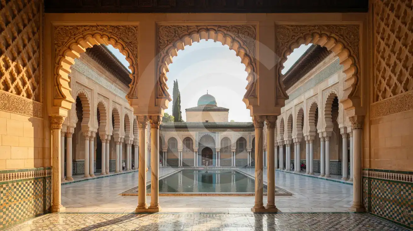 Moorish palace courtyard with reflecting pool, marble columns, and arabesque arches at golden hour