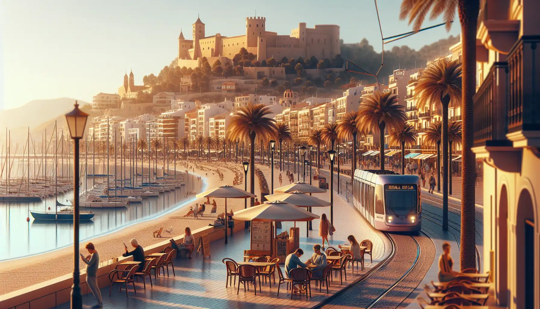 View of Alicante promenade, marina, beach, and hillside castle with travelers using phones