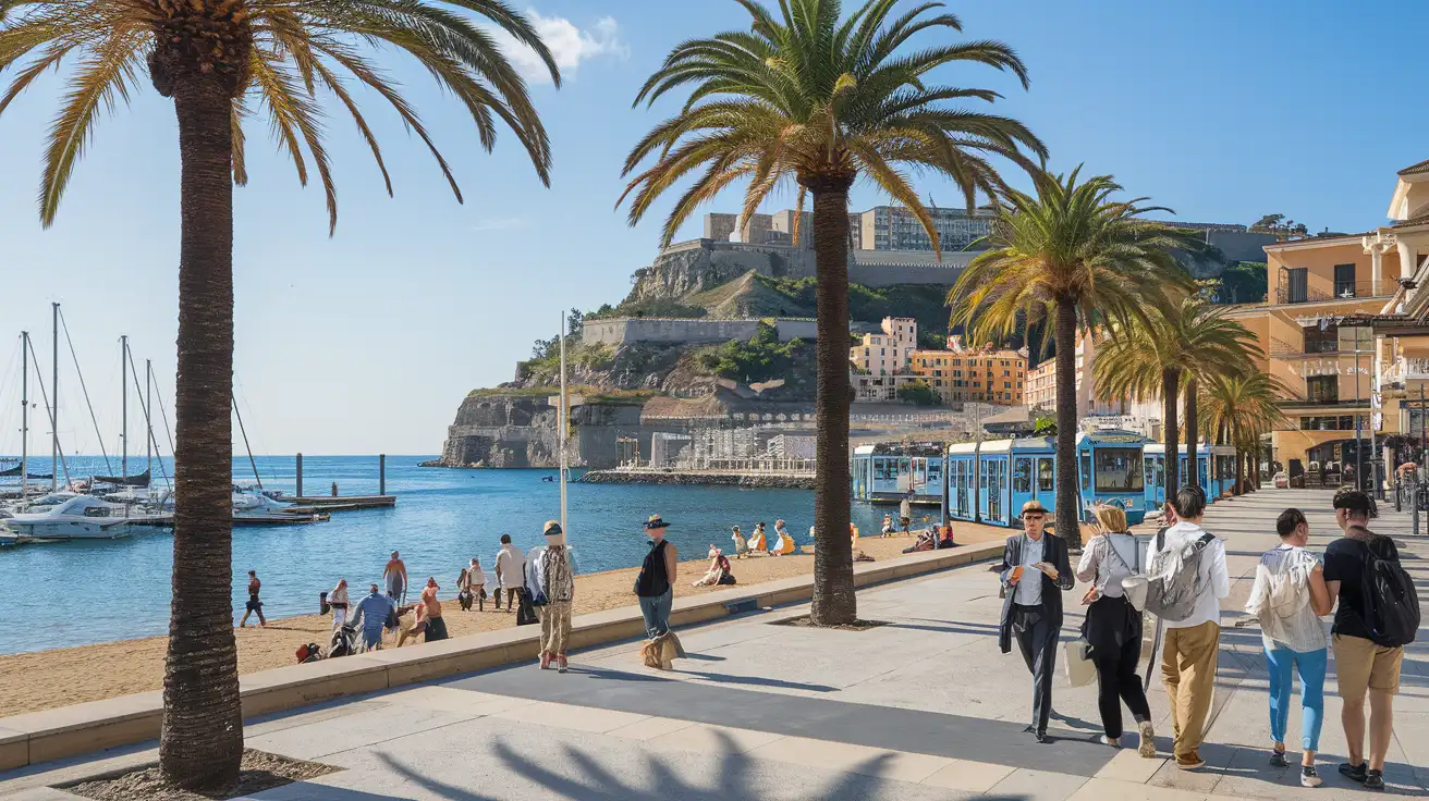Travelers near Alicante waterfront using phones by the promenade and marina