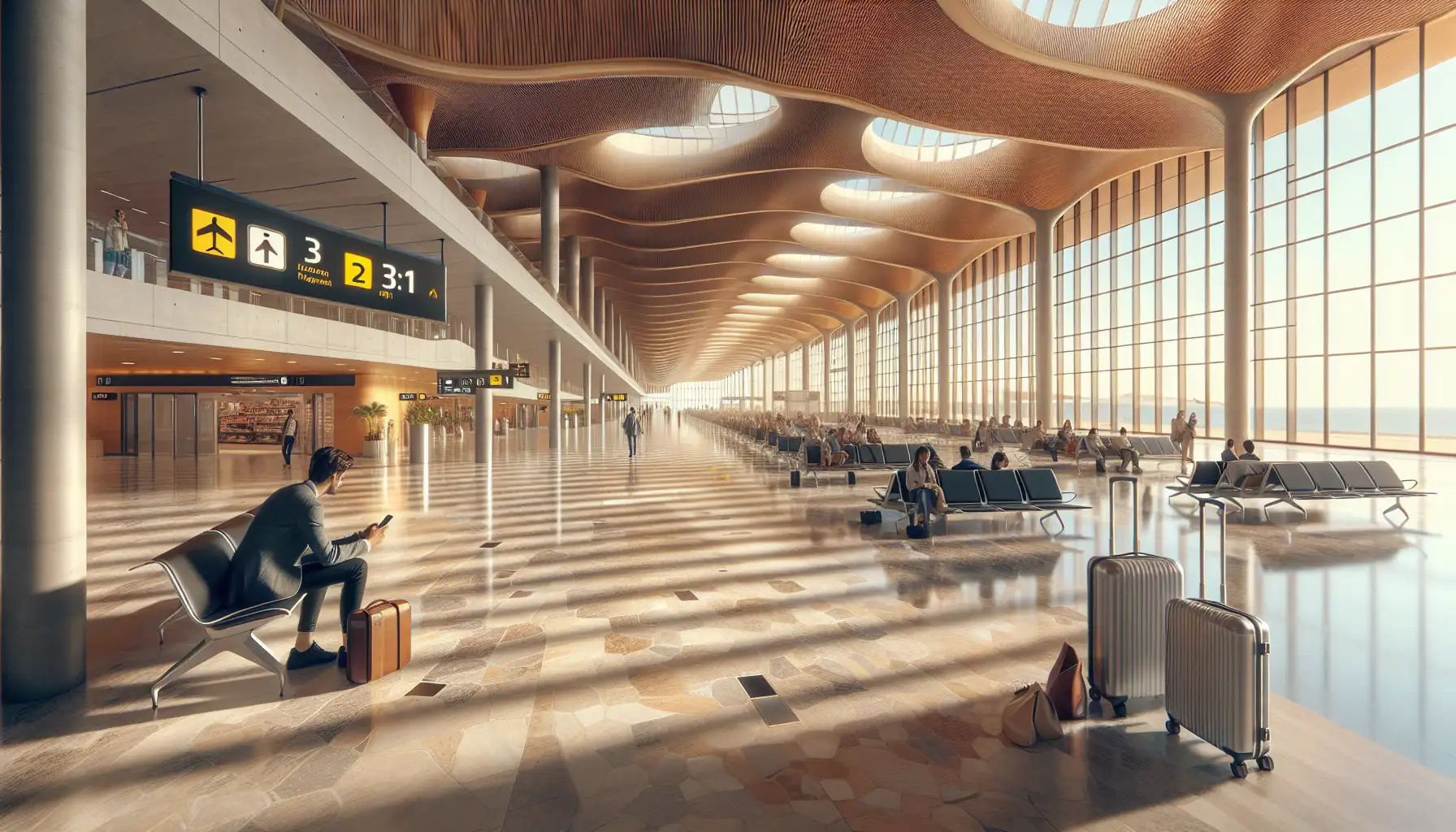 Travelers using phones inside Barcelona–El Prat Airport arrivals area