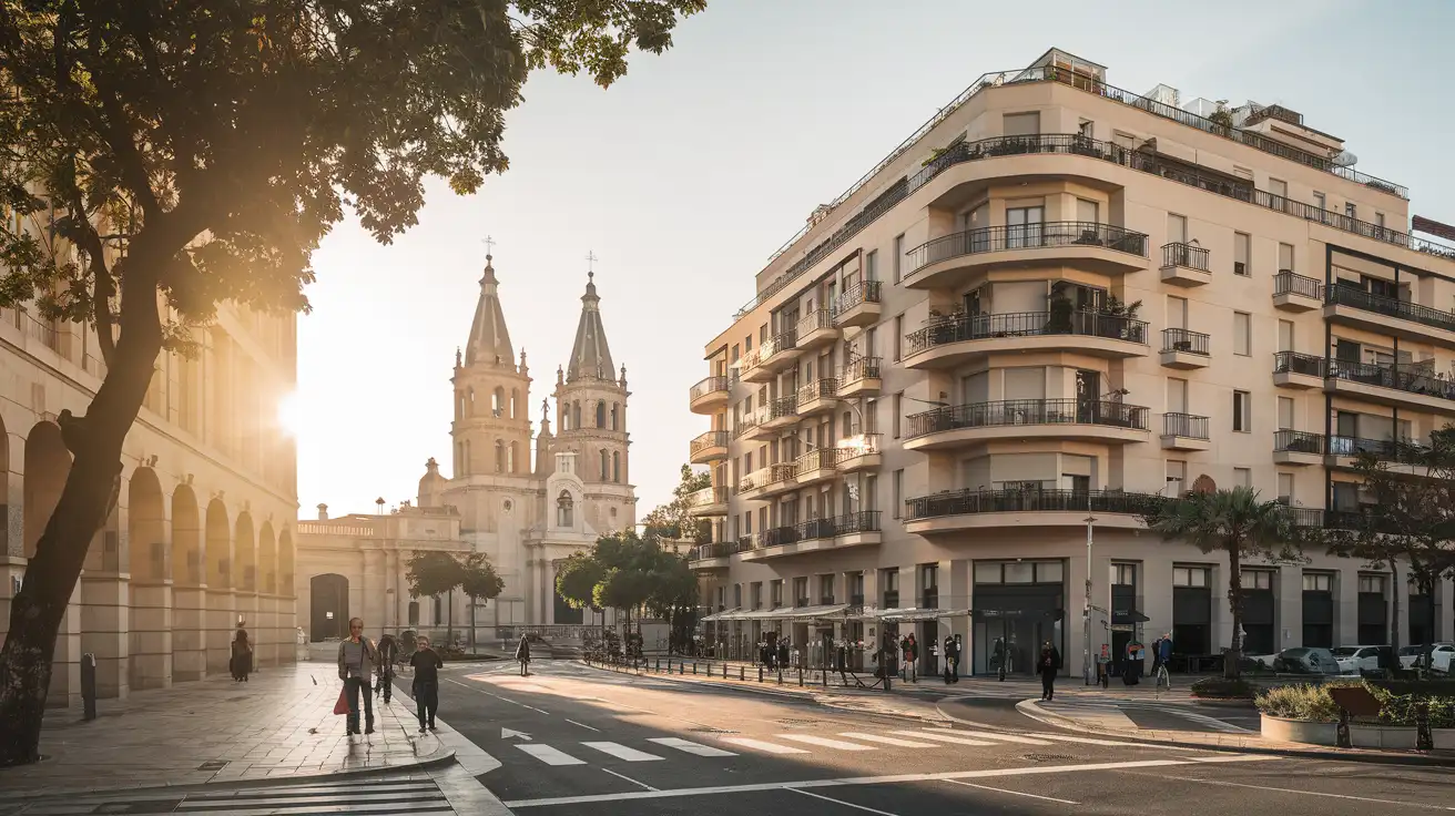 Barcelona streets with modernist architecture and distant basilica towers