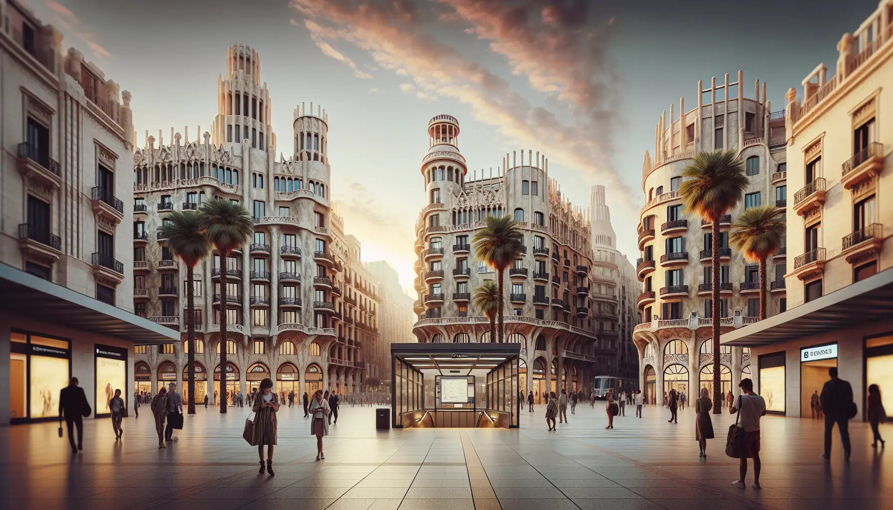 Travelers using phones near a central Barcelona square with historic architecture in the background