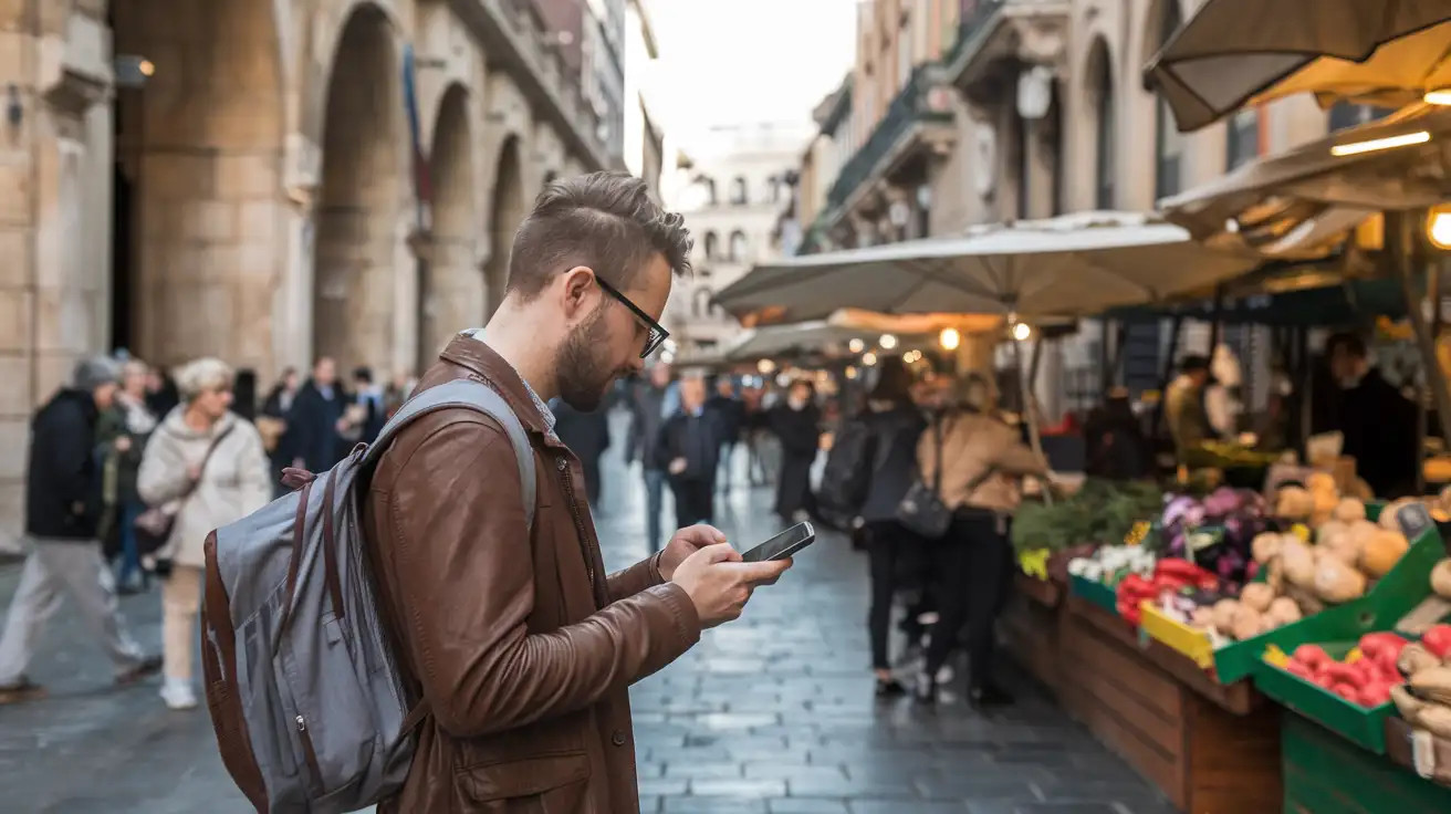 Traveler checking directions near a busy Barcelona market area