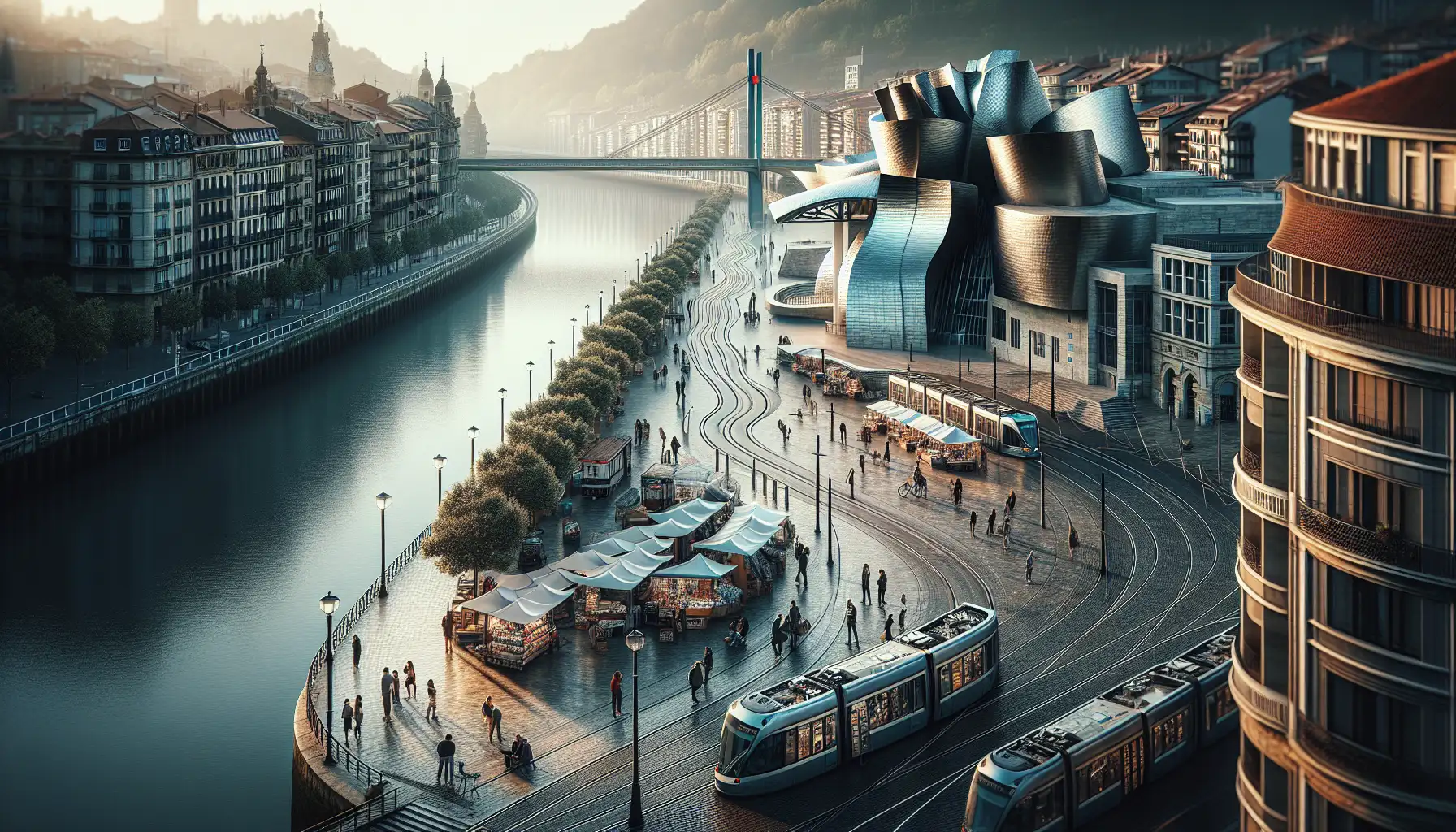 Bilbao riverside scene with old town streets, modern architecture, and travelers using mobile phones
