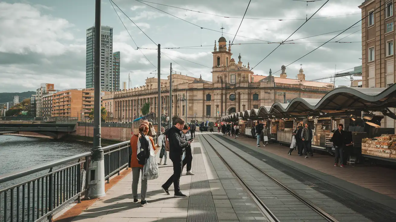 Travelers using phones while walking between Bilbao's riverfront and old town