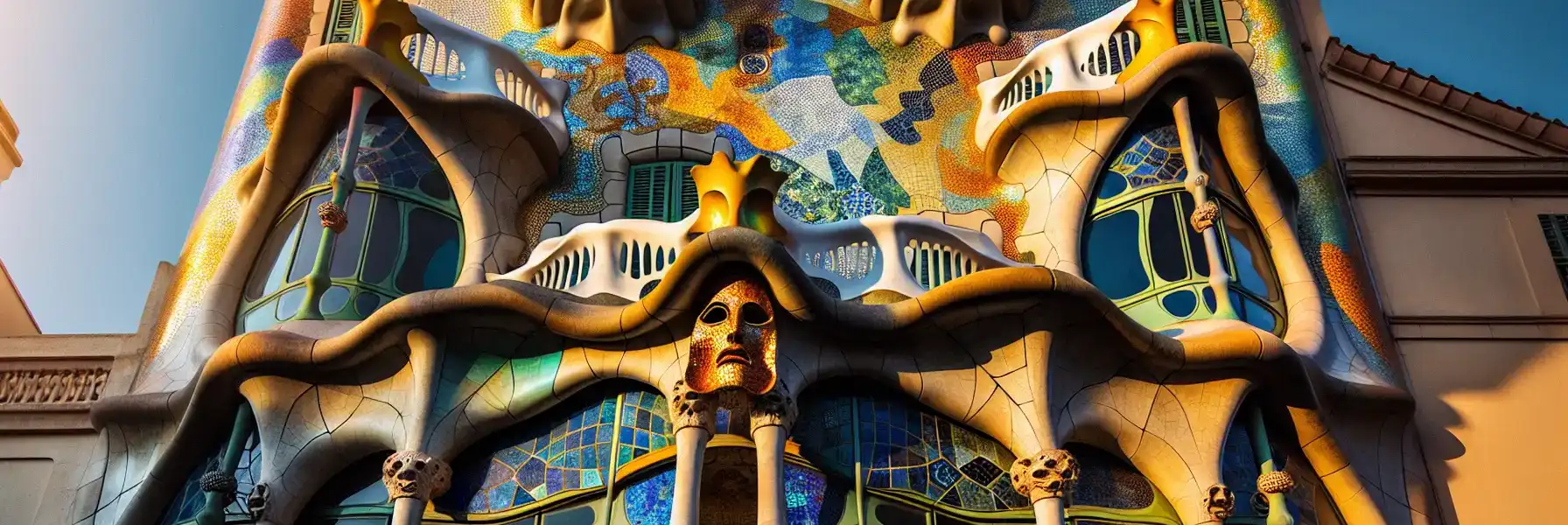 Colorful modernist building facade with bone-shaped columns, ceramic mosaic tiles, and organic balconies on a Barcelona boulevard