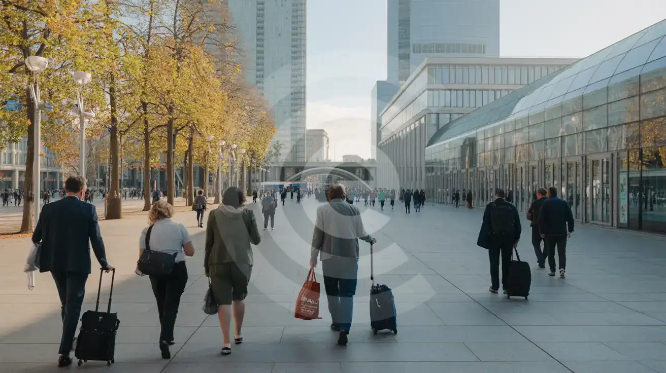 Modern exhibition venue district in Madrid with business visitors arriving for a trade fair