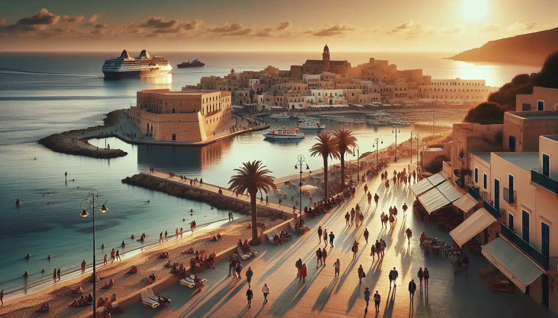 Travelers near Ibiza harbor and old town using phones with sea views in the background