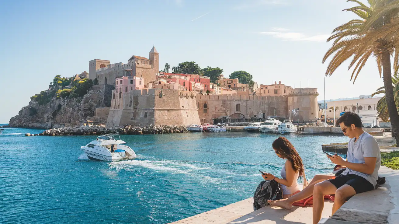 Travelers using phones near Ibiza harbor with old town rising behind them